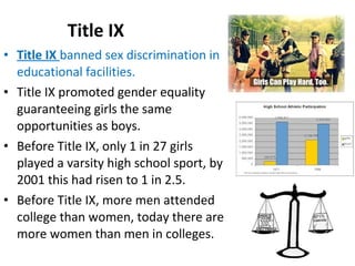 • Title IX banned sex discrimination in
educational facilities.
• Title IX promoted gender equality
guaranteeing girls the same
opportunities as boys.
• Before Title IX, only 1 in 27 girls
played a varsity high school sport, by
2001 this had risen to 1 in 2.5.
• Before Title IX, more men attended
college than women, today there are
more women than men in colleges.
Title IX
 