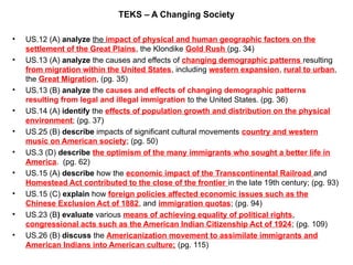 TEKS – A Changing Society
• US.12 (A) analyze the impact of physical and human geographic factors on the
settlement of the Great Plains, the Klondike Gold Rush (pg. 34)
• US.13 (A) analyze the causes and effects of changing demographic patterns resulting
from migration within the United States, including western expansion, rural to urban,
the Great Migration, (pg. 35)
• US.13 (B) analyze the causes and effects of changing demographic patterns
resulting from legal and illegal immigration to the United States. (pg. 36)
• US.14 (A) identify the effects of population growth and distribution on the physical
environment; (pg. 37)
• US.25 (B) describe impacts of significant cultural movements country and western
music on American society; (pg. 50)
• US.3 (D) describe the optimism of the many immigrants who sought a better life in
America. (pg. 62)
• US.15 (A) describe how the economic impact of the Transcontinental Railroad and
Homestead Act contributed to the close of the frontier in the late 19th century; (pg. 93)
• US.15 (C) explain how foreign policies affected economic issues such as the
Chinese Exclusion Act of 1882, and immigration quotas; (pg. 94)
• US.23 (B) evaluate various means of achieving equality of political rights,
congressional acts such as the American Indian Citizenship Act of 1924; (pg. 109)
• US.26 (B) discuss the Americanization movement to assimilate immigrants and
American Indians into American culture; (pg. 115)
 