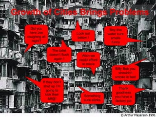 Growth of Cities Brings Problems
Did you
here Joe
coughing all
night?
Boy this
water sure
smells
funny
If they don’t
shut up I’m
going to
kick their
&#@!
Look out
below !
Billy Bob you
shouldn’t
smoke in bed
Wish we
could afford
to move
Something
sure stinks
The toilet
doesn’t flush
again !
Thank
goodness
you have a
factory job
 