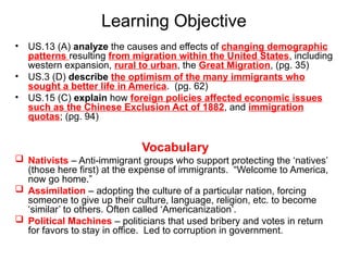 Learning Objective
• US.13 (A) analyze the causes and effects of changing demographic
patterns resulting from migration within the United States, including
western expansion, rural to urban, the Great Migration, (pg. 35)
• US.3 (D) describe the optimism of the many immigrants who
sought a better life in America. (pg. 62)
• US.15 (C) explain how foreign policies affected economic issues
such as the Chinese Exclusion Act of 1882, and immigration
quotas; (pg. 94)
Vocabulary
 Nativists – Anti-immigrant groups who support protecting the ‘natives’
(those here first) at the expense of immigrants. “Welcome to America,
now go home.”
 Assimilation – adopting the culture of a particular nation, forcing
someone to give up their culture, language, religion, etc. to become
‘similar’ to others. Often called ‘Americanization’.
 Political Machines – politicians that used bribery and votes in return
for favors to stay in office. Led to corruption in government.
 