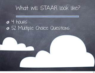 What will STAAR look like?
4 hours
52 Multiple Choice Questions
12
 