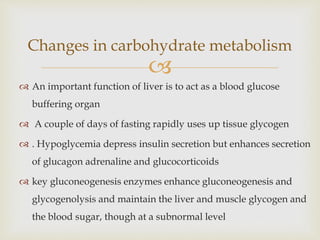 
Changes in carbohydrate metabolism
 An important function of liver is to act as a blood glucose
buffering organ
 A couple of days of fasting rapidly uses up tissue glycogen
 . Hypoglycemia depress insulin secretion but enhances secretion
of glucagon adrenaline and glucocorticoids
 key gluconeogenesis enzymes enhance gluconeogenesis and
glycogenolysis and maintain the liver and muscle glycogen and
the blood sugar, though at a subnormal level
 
