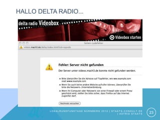 HALLO DELTA RADIO...




          LOKALRUNDFUNKTAGE NÜRNBERG 2012 | STAATS-CONSULT.DE
                                               | ASTRID STAATS   23
 
