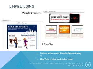 LINKBUILDING
      Widgets & Gadgets




                          Infografiken


                      Stehen schon unter Google-Beobachtung
                       
                      How To‘s, Listen und vieles mehr

            LOKALRUNDFUNKTAGE NÜRNBERG 2012 | STAATS-CONSULT.DE
                                                 | ASTRID STAATS   25
 