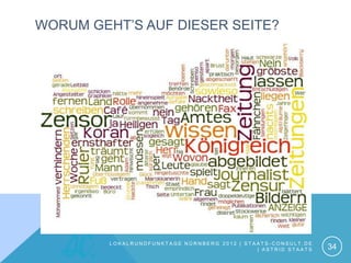 WORUM GEHT’S AUF DIESER SEITE?




         LOKALRUNDFUNKTAGE NÜRNBERG 2012 | STAATS-CONSULT.DE
                                              | ASTRID STAATS   34
 