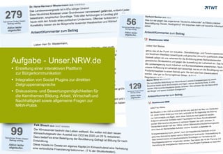 Aufgabe - Unser.NRW.de
      Erstellung einer interaktiven Plattform
       zur Bürgerkommunikation
      Integration von Social Plugins zur direkten
       Zielgruppenansprache
      Diskussions- und Bewertungsmöglichkeiten für
       die Kernthemen Bildung, Arbeit, Wirtschaft und
       Nachhaltigkeit sowie allgemeine Fragen zur
       NRW-Politik




Copyright 2012 TWT
 