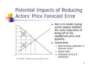 Potential Impacts of Reducing
Actors’ Price Forecast Error
     D
                                                                    Aim is to model (using
              J
                                                            S
                                                                    social surplus models)
         N        H                                                 the costs reductions of
                                                                    being off of the
         R         W
                           I
                                                                    equilibrium price and
                                    Z                               quantity
         L         M
                           E
                                                                    Constraints:
                                                                       How to know reduction in
                                                                       forecast error?
          K        T
          F

                                                                D
                                                                       Quasi-static
O
                                                                       Estimates of D & S
                                                                       elasticities
    Kizito (2008): Adopted from Hayami and Peterson, 1972


                                                                                              9
 