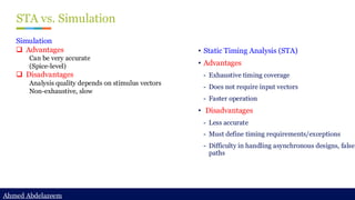 Ahmed Abdelazeem
Ahmed Abdelazeem
STA vs. Simulation
Simulation
❑ Advantages
Can be very accurate
(Spice-level)
❑ Disadvantages
Analysis quality depends on stimulus vectors
Non-exhaustive, slow
• Static Timing Analysis (STA)
• Advantages
- Exhaustive timing coverage
- Does not require input vectors
- Faster operation
• Disadvantages
- Less accurate
- Must define timing requirements/exceptions
- Difficulty in handling asynchronous designs, false
paths
 