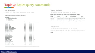 Ahmed Abdelazeem
Ahmed Abdelazeem
report_attribute
➢ Report active attribute on a cell
list_attribute
➢ Find all available attribute of a class
Topic 4: Basics query commands
get_attribute
➢ Get particular attribute of an object
 