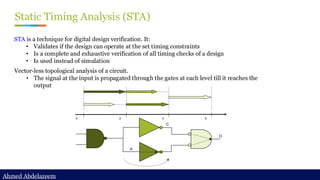 Ahmed Abdelazeem
Ahmed Abdelazeem
Static Timing Analysis (STA)
STA is a technique for digital design verification. It:
• Validates if the design can operate at the set timing constraints
• Is a complete and exhaustive verification of all timing checks of a design
• Is used instead of simulation
0 2 4 6
A
C
O
Vector-less topological analysis of a circuit.
• The signal at the input is propagated through the gates at each level till it reaches the
output
 