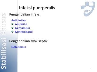 17 
Infeksi puerperalis 
Pengendalian infeksi 
Antibiotika: 
Ampisilin 
Gentamisin 
Metronidazol 
Pengendalian syok septik 
Dobutamin 
 