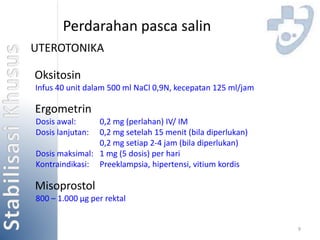 9 
Perdarahan pasca salin 
UTEROTONIKA 
Oksitosin 
Infus 40 unit dalam 500 ml NaCl 0,9N, kecepatan 125 ml/jam 
Ergometrin 
Dosis awal: 0,2 mg (perlahan) IV/ IM 
Dosis lanjutan: 0,2 mg setelah 15 menit (bila diperlukan) 
0,2 mg setiap 2-4 jam (bila diperlukan) 
Dosis maksimal: 1 mg (5 dosis) per hari 
Kontraindikasi: Preeklampsia, hipertensi, vitium kordis 
Misoprostol 
800 – 1.000 μg per rektal 
 