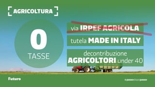 agricoltura
Futuro
0tasse
via irpef Agricola
tutela made in italy
decontribuzione
agricoltori under 40
 