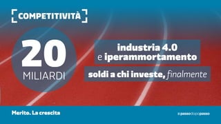 competitività
20MILIardi soldi a chi investe, finalmente
industria 4.0
e iperammortamento
Merito. La crescita
 