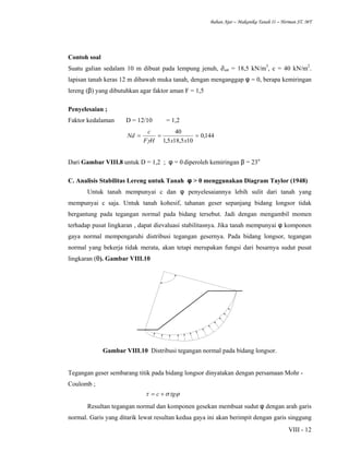 Bahan Ajar – Makanika Tanah II – Herman ST. MT
VIII - 12
Contoh soal
Suatu galian sedalam 10 m dibuat pada lempung jenuh, ∂sat = 18,5 kN/m3
, c = 40 kN/m2
.
lapisan tanah keras 12 m dibawah muka tanah, dengan menganggap φ = 0, berapa kemiringan
lereng (β) yang dibutuhkan agar faktor aman F = 1,5
Penyelesaian ;
Faktor kedalaman D = 12/10 = 1,2
144,0
105,185,1
40
===
xxHF
c
Nd
γ
Dari Gambar VIII.8 untuk D = 1,2 ; φ = 0 diperoleh kemiringan β = 23o
C. Analisis Stabilitas Lereng untuk Tanah φ > 0 menggunakan Diagram Taylor (1948)
Untuk tanah mempunyai c dan φ penyelesaiannya lebih sulit dari tanah yang
mempunyai c saja. Untuk tanah kohesif, tahanan geser sepanjang bidang longsor tidak
bergantung pada tegangan normal pada bidang tersebut. Jadi dengan mengambil momen
terhadap pusat lingkaran , dapat dievaluasi stabilitasnya. Jika tanah mempunyai φ komponen
gaya normal mempengaruhi distribusi tegangan gesernya. Pada bidang longsor, tegangan
normal yang bekerja tidak merata, akan tetapi merupakan fungsi dari besarnya sudut pusat
lingkaran (θ). Gambar VIII.10
Gambar VIII.10 Distribusi tegangan normal pada bidang longsor.
Tegangan geser sembarang titik pada bidang longsor dinyatakan dengan persamaan Mohr -
Coulomb ;
ϕστ tgc +=
Resultan tegangan normal dan komponen gesekan membuat sudut φ dengan arah garis
normal. Garis yang ditarik lewat resultan kedua gaya ini akan berimpit dengan garis singgung
 
