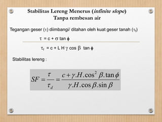 Stabilitas Lereng Menerus (infinite slope)
Tanpa rembesan air




sin.cos..
tan.cos.. 2
H
Hc
SF
d


Tegangan geser () diimbangi/ ditahan oleh kuat geser tanah (f)
 = c +  tan 
f = c + L H  cos  tan 
Stabilitas lereng :
 