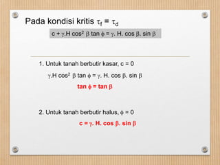 Pada kondisi kritis f = d
c + .H cos2  tan  = . H. cos . sin 
1. Untuk tanah berbutir kasar, c = 0
.H cos2  tan  = . H. cos . sin 
tan  = tan 
2. Untuk tanah berbutir halus,  = 0
c = . H. cos . sin 
 