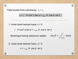 Pada kondisi kritis (seimbang), f = d
c +  ’ .H cos2  tan  = sat. H. cos . sin 



 tan
'
'
tan
w

1. Untuk tanah berbutir kasar, c = 0
 ‘ .H cos2  tan  =  sat. H. cos . sin 
Kemiringan lereng maksimum adalah
2. Untuk tanah berbutir halus,  = 0
c =  sat. H. cos . sin 
 