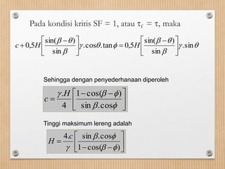 Pada kondisi kritis SF = 1, atau f = , maka






sin.
sin
)sin(
5,0tan.cos.
sin
)sin(
5,0 




 -





 -
 HHc





 --



cos.sin
)cos(1
4
.H
c






--

)cos(1
cos.sin.4



c
H
Sehingga dengan penyederhanaan diperoleh
Tinggi maksimum lereng adalah
 