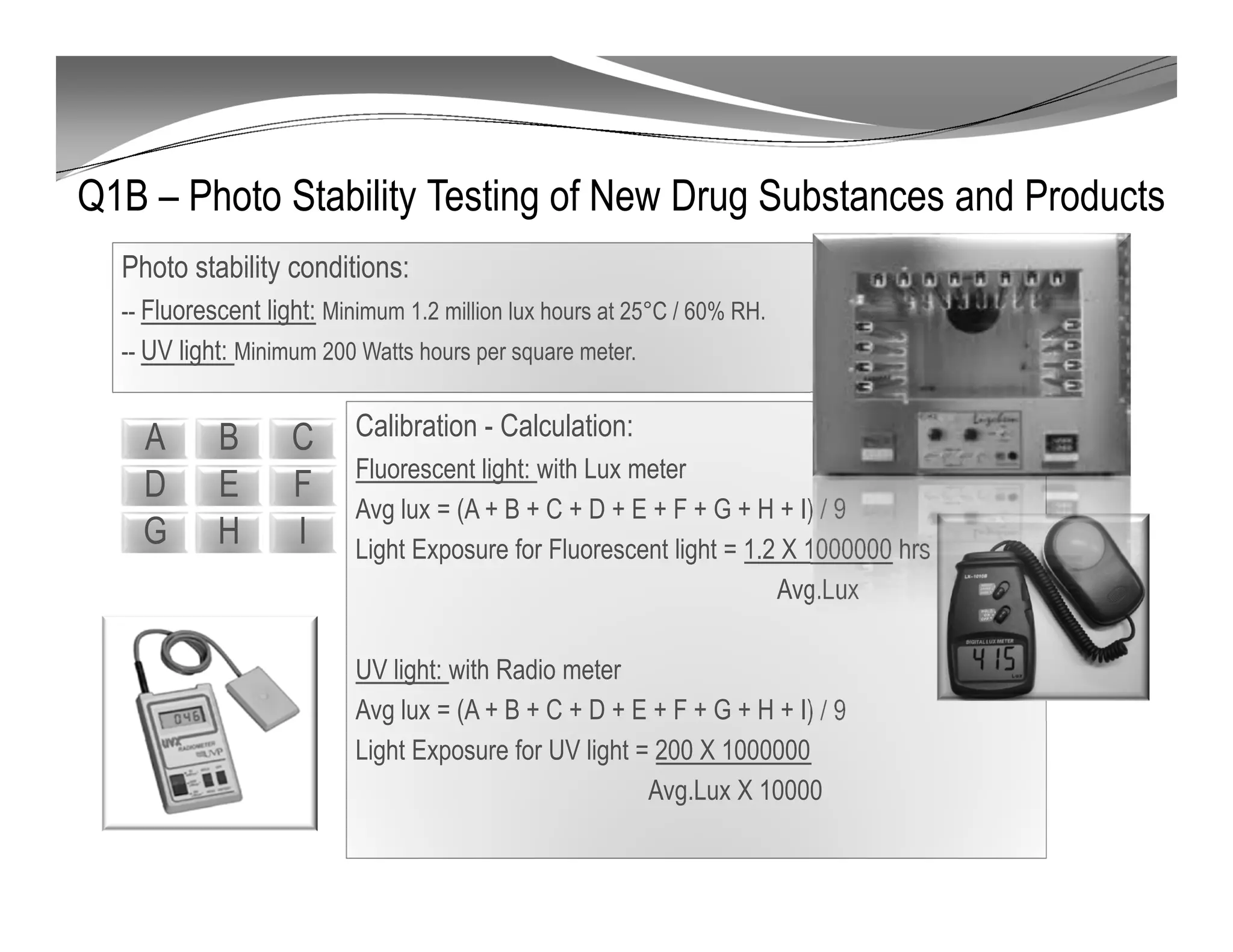 Q1B – Photo Stability Testing of New Drug Substances and Products
Photo stability conditions:
-- Fluorescent light: Minimum 1.2 million lux hours at 25°C / 60% RH.
-- UV light: Minimum 200 Watts hours per square meter.
A B C
D E F
G H I
Calibration - Calculation:
Fluorescent light: with Lux meter
Avg lux = (A + B + C + D + E + F + G + H + I) / 9
Light Exposure for Fluorescent light = 1.2 X 1000000 hrs
Avg.Lux
UV light: with Radio meter
Avg lux = (A + B + C + D + E + F + G + H + I) / 9
Light Exposure for UV light = 200 X 1000000
Avg.Lux X 10000
 