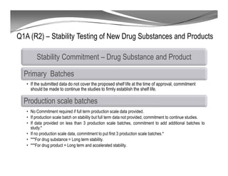 Q1A (R2) – Stability Testing of New Drug Substances and Products
Stability Commitment – Drug Substance and Product
Primary Batches
• If the submitted data do not cover the proposed shelf life at the time of approval, commitment
should be made to continue the studies to firmly establish the shelf life.
Production scale batches
• No Commitment required if full term production scale data provided.
• If production scale batch on stability but full term data not provided, commitment to continue studies.
• If data provided on less than 3 production scale batches, commitment to add additional batches to
study.*
• If no production scale data, commitment to put first 3 production scale batches.*
• ***For drug substance = Long term stability.
• ***For drug product = Long term and accelerated stability.
 