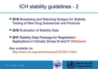 Slide 10 Walters April 2007
ICH stability guidelines - 2
Q1D Bracketing and Matrixing Designs for Stability
Testing of New Drug Substances and Products
Q1E Evaluation of Stability Data
Q1F Stability Data Package for Registration
Applications in Climatic Zones III and IV Withdrawn
Also available via
http://www.ich.org/cache/compo/276-254-1.html
 