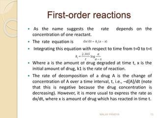 First-order reactions
 As the name suggests the rate depends on the
concentration of one reactant.
 The rate equation is
 Integrating this equation with respect to time from t=0 to t=t
 Where a is the amount of drug degraded at time t, x is the
initial amount of drug, k1 is the rate of reaction.
 The rate of decomposition of a drug A is the change of
concentration of A over a time interval, t, i.e., –d[A]/dt (note
that this is negative because the drug concentration is
decreasing). However, it is more usual to express the rate as
dx/dt, where x is amount of drug which has reacted in time t.
MALAY PANDYA 13
 