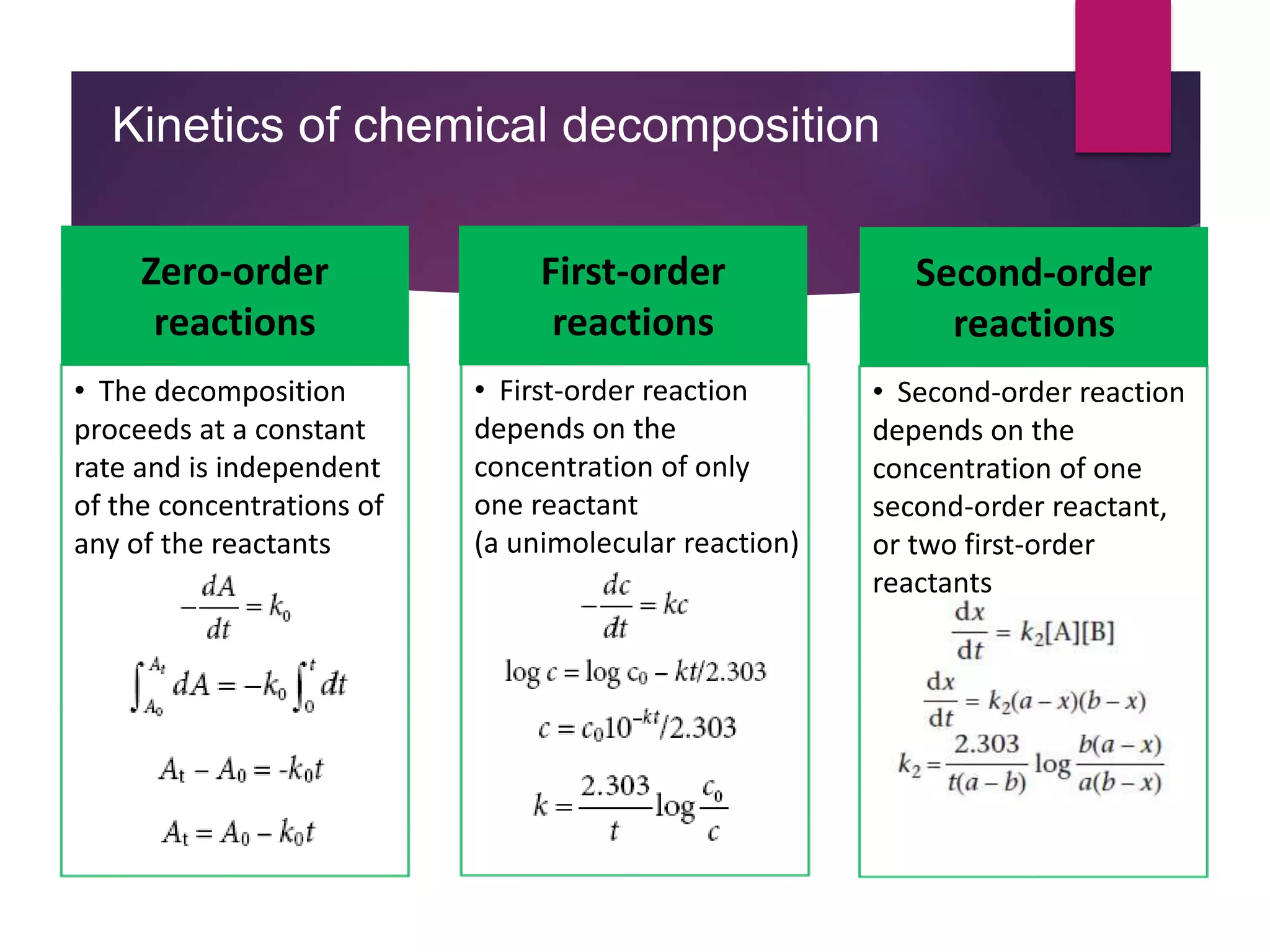 • Second-order reaction
depends on the
concentration of one
second-order reactant,
or two first-order
reactants
• First-order reaction
depends on the
concentration of only
one reactant
(a unimolecular reaction)
Kinetics of chemical decomposition
First-order
reactions
Second-order
reactions
Zero-order
reactions
• The decomposition
proceeds at a constant
rate and is independent
of the concentrations of
any of the reactants
 