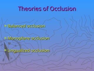 Theories of Occlusion
Theories of Occlusion
►Balanced occlusion
Balanced occlusion
►Monoplane occlusion
Monoplane occlusion
►Lingualized occlusion
Lingualized occlusion
 