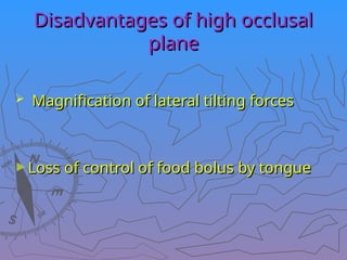 Disadvantages of high occlusal
Disadvantages of high occlusal
plane
plane
 Magnification of lateral tilting forces
Magnification of lateral tilting forces
►Loss of control of food bolus by tongue
Loss of control of food bolus by tongue
 