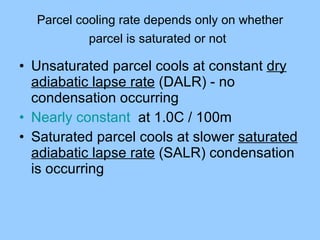 Parcel cooling rate depends only on whether parcel is saturated or not   Unsaturated parcel cools at constant  dry adiabatic lapse rate  (DALR) -  no condensation occurring  Nearly constant   at 1.0C / 100m  Saturated parcel cools at slower  saturated adiabatic lapse rate  (SALR)  condensation is occurring  