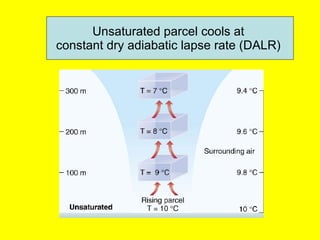 Unsaturated parcel cools at  constant dry adiabatic lapse rate (DALR)  