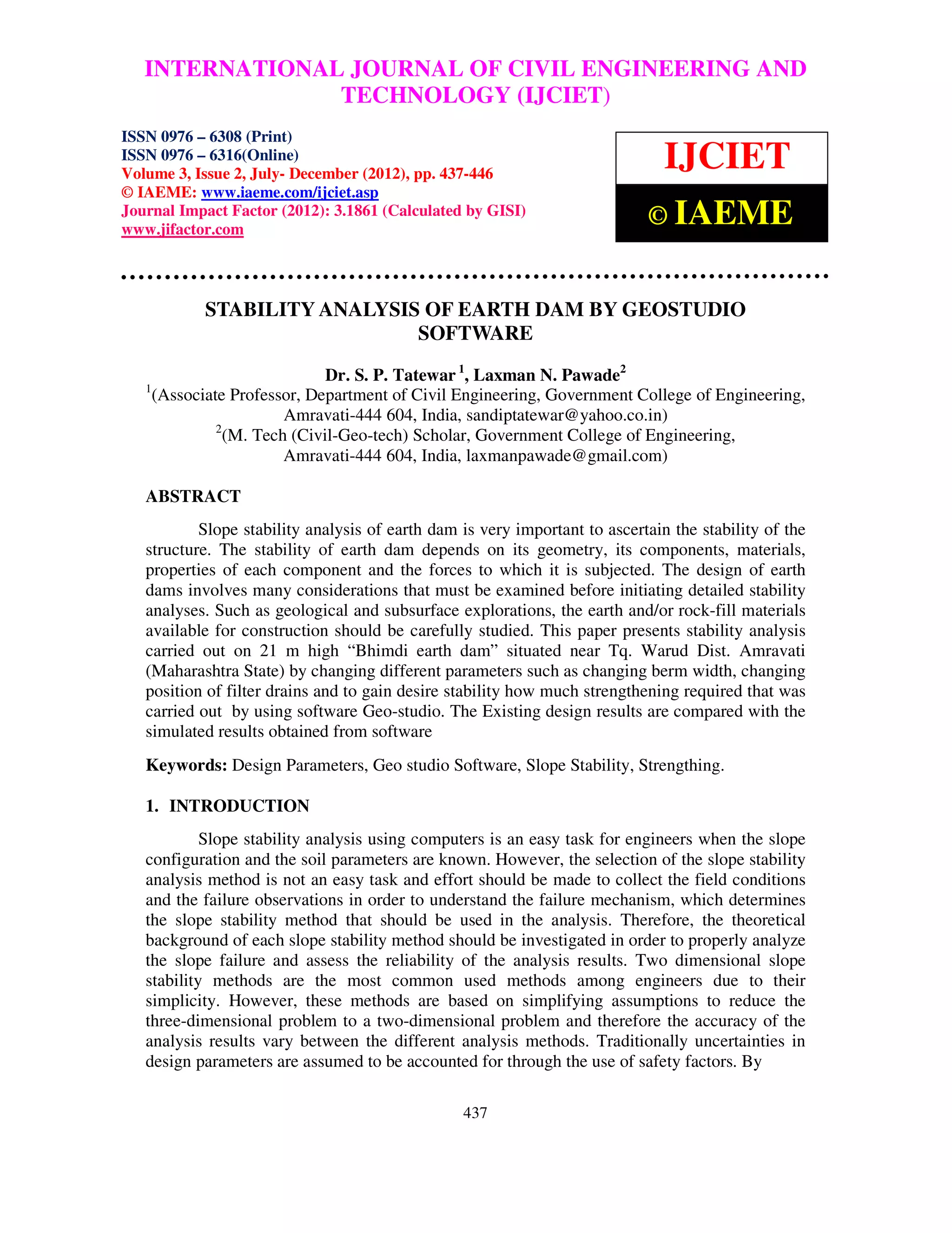 Stability analysis of earth dam by geostudio software | PDF