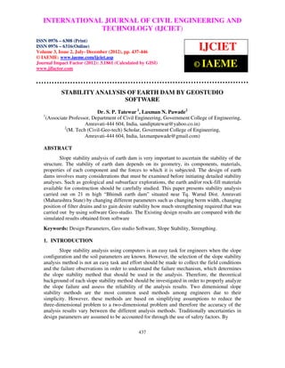 Stability analysis of earth dam by geostudio software | PDF