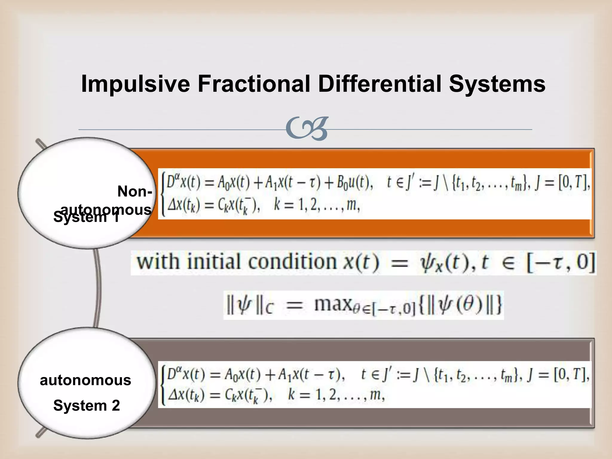 
Impulsive Fractional Differential Systems
Non-
autonomous
autonomous
System 1
System 2
 