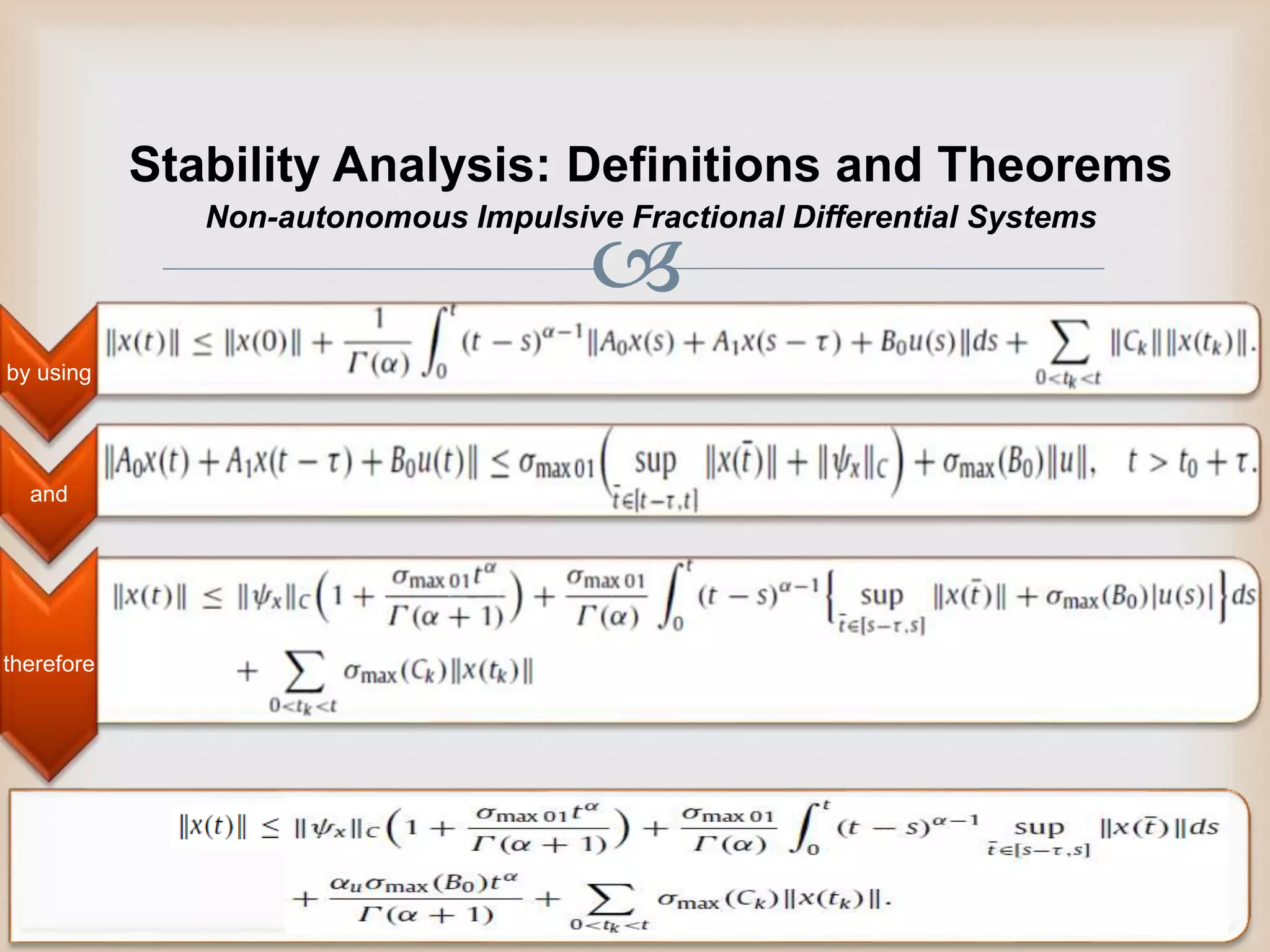 
Stability Analysis: Definitions and Theorems
by using
and
therefore
Non-autonomous Impulsive Fractional Differential Systems
 
