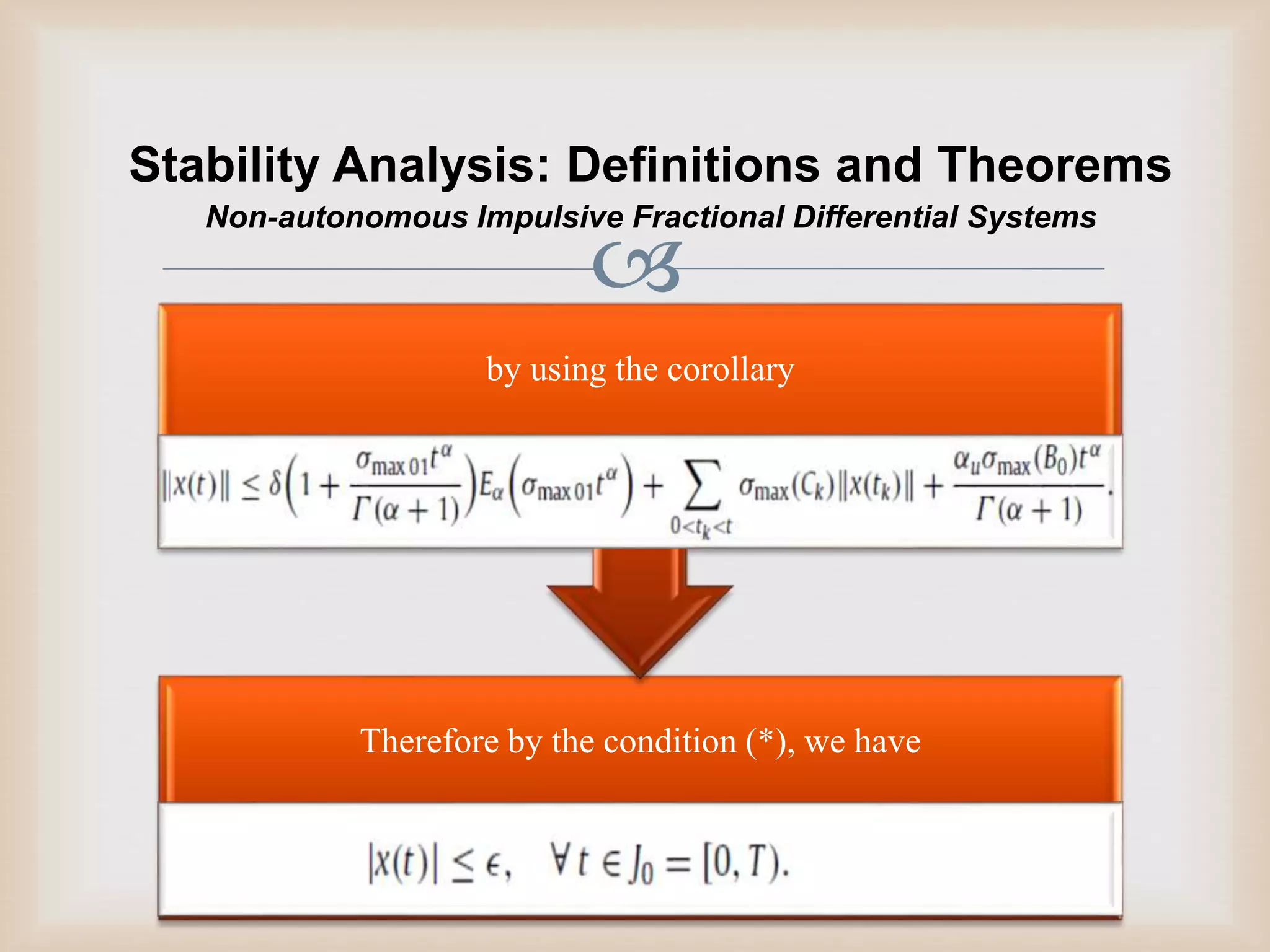 
Stability Analysis: Definitions and Theorems
Therefore by the condition (*), we have
by using the corollary
Non-autonomous Impulsive Fractional Differential Systems
 