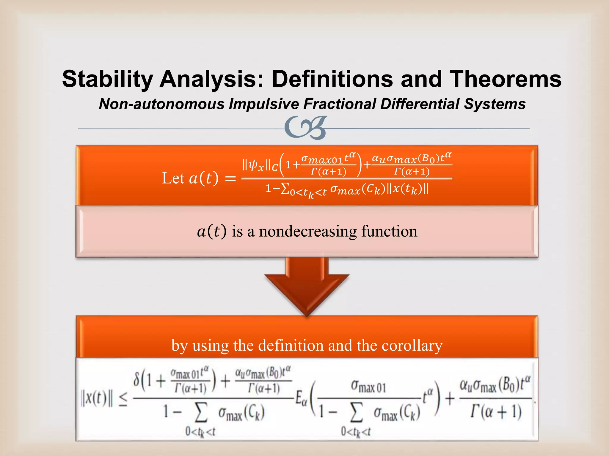 
Stability Analysis: Definitions and Theorems
by using the definition and the corollary
Let 𝑎 𝑡 =
𝜓 𝑥 𝐶 1+
𝜎 𝑚𝑎𝑥01 𝑡 𝛼
𝛤(𝛼+1)
+
𝛼 𝑢 𝜎 𝑚𝑎𝑥(𝐵0)𝑡 𝛼
𝛤(𝛼+1)
1− 0<𝑡 𝑘<𝑡 𝜎 𝑚𝑎𝑥(𝐶 𝑘) 𝑥(𝑡 𝑘)
𝑎 𝑡 is a nondecreasing function
Non-autonomous Impulsive Fractional Differential Systems
 