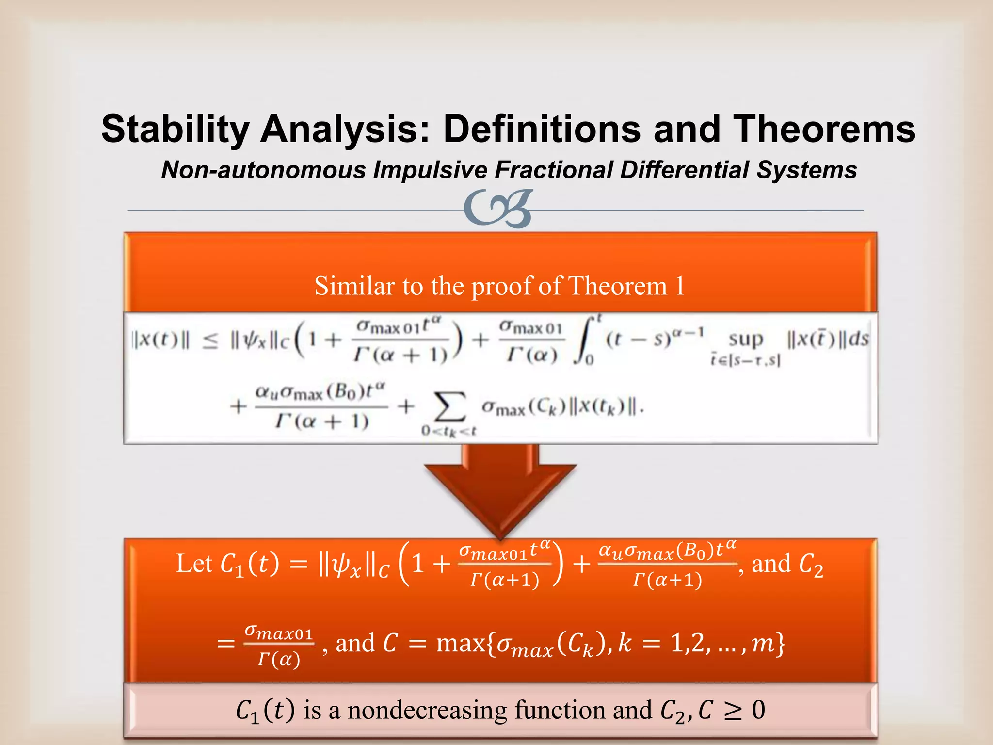 
Stability Analysis: Definitions and Theorems
Let 𝐶1 𝑡 = 𝜓 𝑥 𝐶 1 +
𝜎 𝑚𝑎𝑥01 𝑡 𝛼
𝛤(𝛼+1)
+
𝛼 𝑢 𝜎 𝑚𝑎𝑥(𝐵0)𝑡 𝛼
𝛤(𝛼+1)
, and 𝐶2
=
𝜎 𝑚𝑎𝑥01
𝛤(𝛼)
, and 𝐶 = max{𝜎 𝑚𝑎𝑥 𝐶 𝑘 , 𝑘 = 1,2, … , 𝑚}
𝐶1 𝑡 is a nondecreasing function and 𝐶2, 𝐶 ≥ 0
Similar to the proof of Theorem 1
Non-autonomous Impulsive Fractional Differential Systems
 