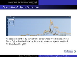 Introduction to ﬁnancial time series clustering
Empirical results from the clustering stability study
Conclusion
Maturities & Term Structure
An asset is described by several time series whose dynamics are similar:
Nokia Oyj is described here by the cost of insurance against its default
for {1, 3, 5, 7, 10} years
Gautier Marti, Philippe Donnat On the Stability of Clustering Financial Time Series
 