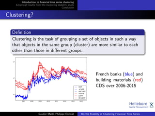 Introduction to ﬁnancial time series clustering
Empirical results from the clustering stability study
Conclusion
Clustering?
Deﬁnition
Clustering is the task of grouping a set of objects in such a way
that objects in the same group (cluster) are more similar to each
other than those in diﬀerent groups.
French banks (blue) and
building materials (red)
CDS over 2006-2015
Gautier Marti, Philippe Donnat On the Stability of Clustering Financial Time Series
 