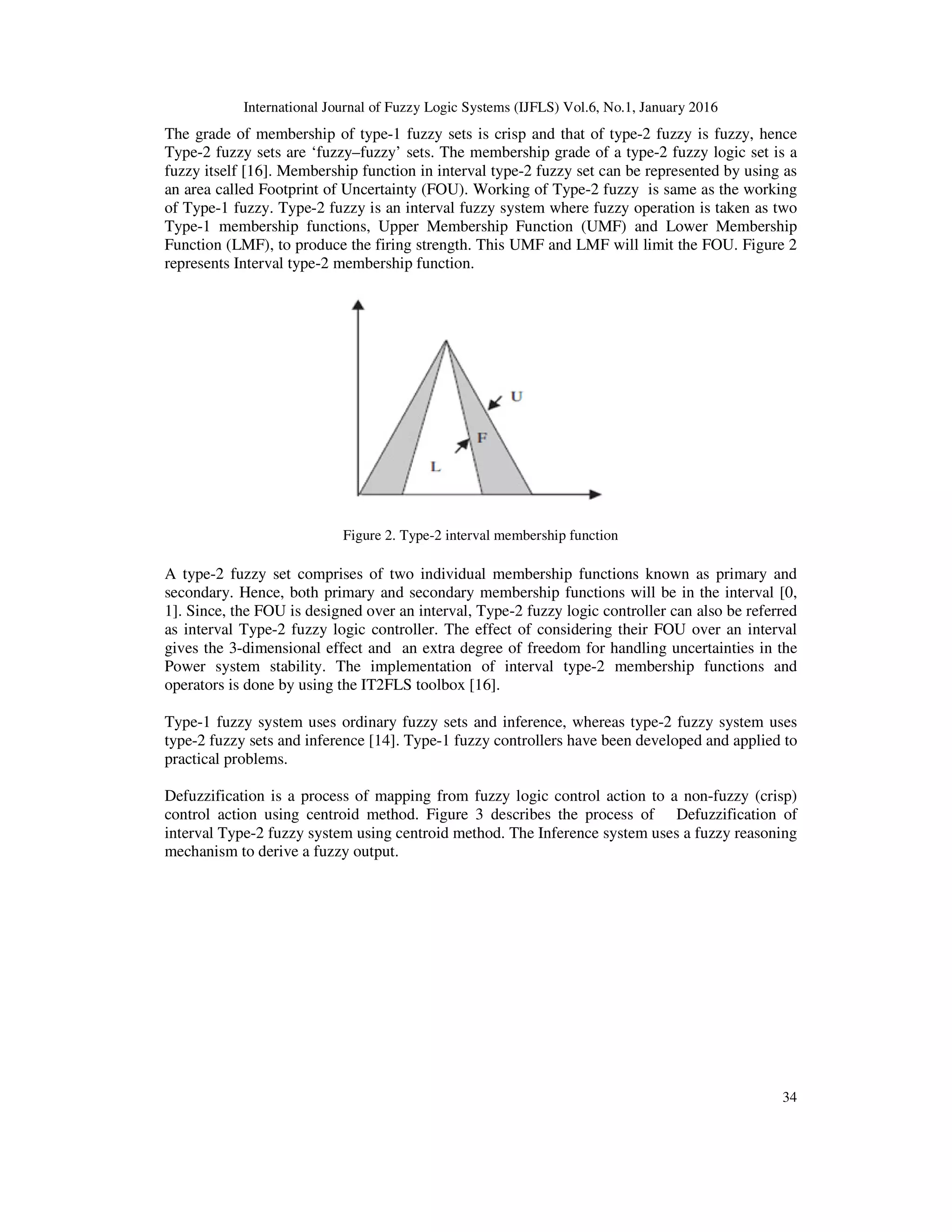International Journal of Fuzzy Logic Systems (IJFLS) Vol.6, No.1, January 2016
34
The grade of membership of type-1 fuzzy sets is crisp and that of type-2 fuzzy is fuzzy, hence
Type-2 fuzzy sets are ‘fuzzy–fuzzy’ sets. The membership grade of a type-2 fuzzy logic set is a
fuzzy itself [16]. Membership function in interval type-2 fuzzy set can be represented by using as
an area called Footprint of Uncertainty (FOU). Working of Type-2 fuzzy is same as the working
of Type-1 fuzzy. Type-2 fuzzy is an interval fuzzy system where fuzzy operation is taken as two
Type-1 membership functions, Upper Membership Function (UMF) and Lower Membership
Function (LMF), to produce the firing strength. This UMF and LMF will limit the FOU. Figure 2
represents Interval type-2 membership function.
Figure 2. Type-2 interval membership function
A type-2 fuzzy set comprises of two individual membership functions known as primary and
secondary. Hence, both primary and secondary membership functions will be in the interval [0,
1]. Since, the FOU is designed over an interval, Type-2 fuzzy logic controller can also be referred
as interval Type-2 fuzzy logic controller. The effect of considering their FOU over an interval
gives the 3-dimensional effect and an extra degree of freedom for handling uncertainties in the
Power system stability. The implementation of interval type-2 membership functions and
operators is done by using the IT2FLS toolbox [16].
Type-1 fuzzy system uses ordinary fuzzy sets and inference, whereas type-2 fuzzy system uses
type-2 fuzzy sets and inference [14]. Type-1 fuzzy controllers have been developed and applied to
practical problems.
Defuzzification is a process of mapping from fuzzy logic control action to a non-fuzzy (crisp)
control action using centroid method. Figure 3 describes the process of Defuzzification of
interval Type-2 fuzzy system using centroid method. The Inference system uses a fuzzy reasoning
mechanism to derive a fuzzy output.
 