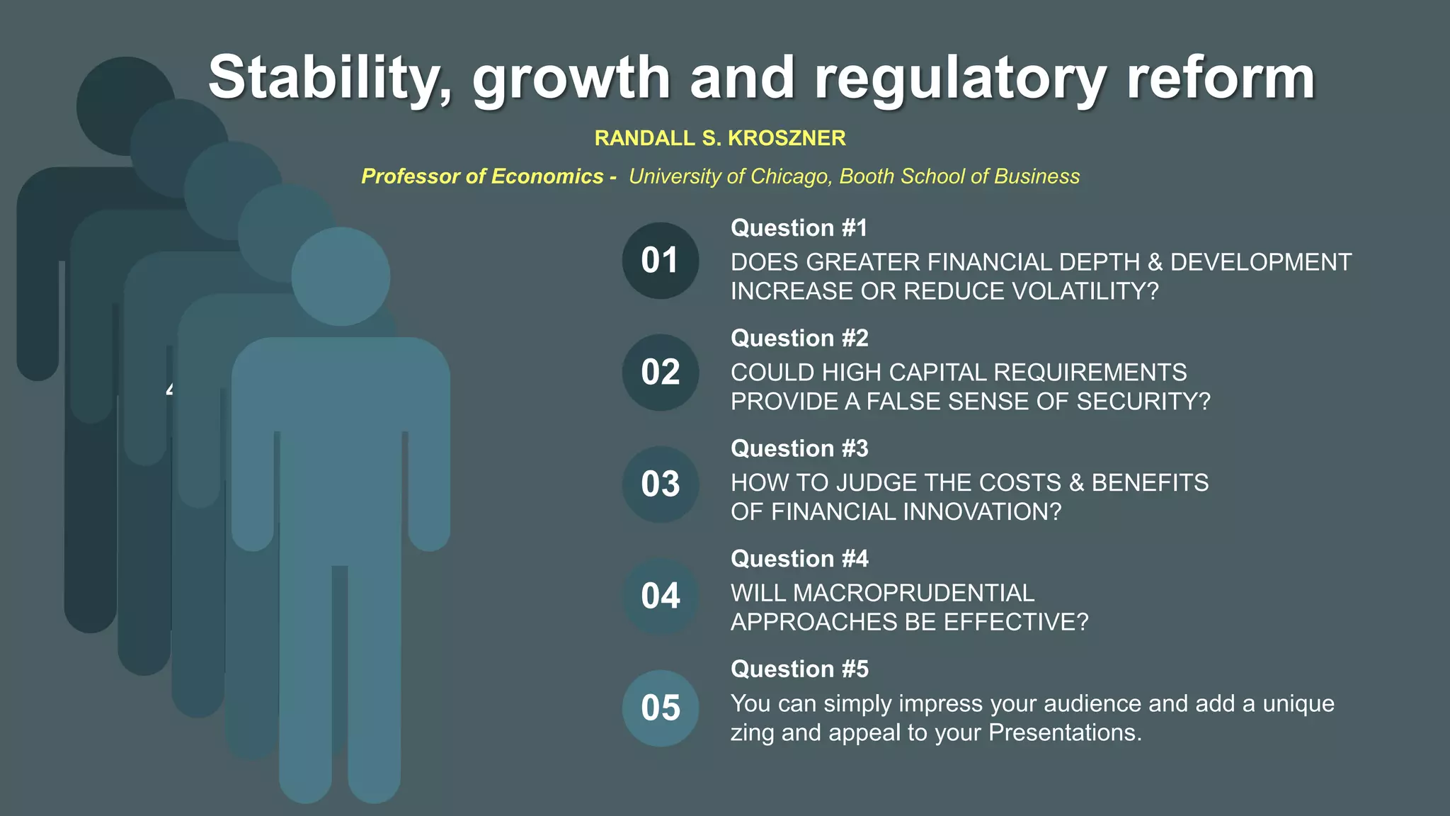 -40
DOES GREATER FINANCIAL DEPTH & DEVELOPMENT
INCREASE OR REDUCE VOLATILITY?
Question #1
COULD HIGH CAPITAL REQUIREMENTS
PROVIDE A FALSE SENSE OF SECURITY?
Question #2
HOW TO JUDGE THE COSTS & BENEFITS
OF FINANCIAL INNOVATION?
Question #3
WILL MACROPRUDENTIAL
APPROACHES BE EFFECTIVE?
Question #4
You can simply impress your audience and add a unique
zing and appeal to your Presentations.
Question #5
01
02
03
04
05
RANDALL S. KROSZNER
Professor of Economics - University of Chicago, Booth School of Business
Stability, growth and regulatory reform
 