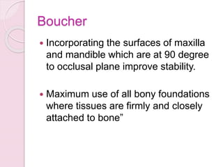 Boucher
 Incorporating the surfaces of maxilla
and mandible which are at 90 degree
to occlusal plane improve stability.
 Maximum use of all bony foundations
where tissues are firmly and closely
attached to bone”
 