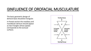 I)INFLUENCE OF OROFACIAL MUSCULATURE
The basic geometric design of
denture base should be triangular.
In frontal section the maxillary and
mandibular denture should appear
as two triangles whose apexex
corresponds to the occlusal
surfaces.
 