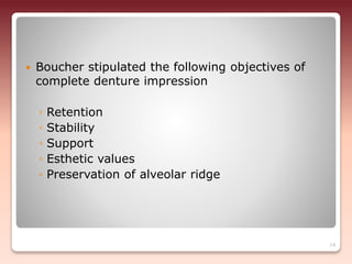  Boucher stipulated the following objectives of
complete denture impression
◦ Retention
◦ Stability
◦ Support
◦ Esthetic values
◦ Preservation of alveolar ridge
14
 