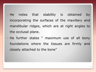  He notes that stability is obtained by
incorporating the surfaces of the maxillary and
mandibular ridges, which are at right angles to
the occlusal plane.
 He further states “ maximum use of all bony
foundations where the tissues are firmly and
closely attached to the bone”
15
 