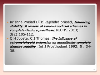  Krishna Prasad D, B Rajendra prasad, Enhancing
stability: A review of various occlusal schemes in
complete denture prosthesis. NUJHS 2013;
3(2):105-112.
 C H Jooste, C J Thomas, The influence of
retromylohyoid extension on mandibular complete
denture stability . Int J Prosthodont 1992; 5 : 34-
38.
98
 