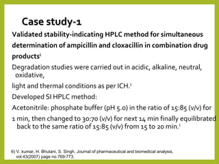 Case study-1Case study-1
Validated stability-indicating HPLC method for simultaneous
determination of ampicillin and cloxacillin in combination drug
products6
Degradation studies were carried out in acidic, alkaline, neutral,
oxidative,
light and thermal conditions as per ICH.6
Developed SI HPLC method:
Acetonitrile: phosphate buffer (pH 5.0) in the ratio of 15:85 (v/v) for
1 min, then changed to 30:70 (v/v) for next 14 min finally equilibrated
back to the same ratio of 15:85 (v/v) from 15 to 20 min.6
6) V. kumar, H. Bhutani, S. Singh, Journal of pharmaceutical and biomedical analysis,
vol.43(2007) page no.769-773.
 