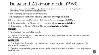  Used two parameters 1)Mean performance over environments. 2)Regression
performance in different environments.
 The following inferences can be drawn:
1)The regression coefficient of unity indicates average stability .
2)If the regression coefficient is >1,it means below average stability .
3) If the regression coefficient is <1, it means above average stability.
4) Regression coefficient of 0 would express absolute stability.
MERITS
1. Analysis of this model is simple.
2. Parameters- mean yield over locations and regression coefficient are used to asses
the phenotypic stability.
DEMERITS
1. The deviations from the regression line are not estimated which are important for
the stability analysis.
2. Greater emphasis is given on mean performance over environments than regression
coefficients.
5
 